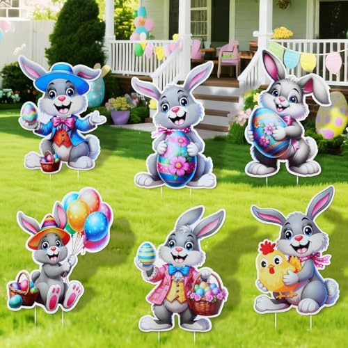 Wlicon 6 Pièces Panneaux de Jardin Lapin de Pâques Signes de Pâques Lapin Extérieurs avec Pieux en Plastique pour Jardin Porche Cour Printemps Maison Décoration