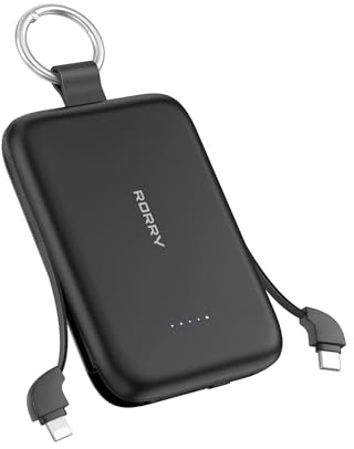 RORRY CharmGo 10000mAh Powerbank, Klein Power Bank PD 30W Schnellladen | Akku-Pack mit integriertem Kabel und Schlüsselanhänger, Tragbarer Externer Akku für iPhone 17/16/15,AirPods 2/3/4/Pro,Schwarz
