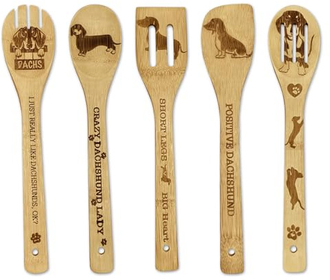 Dachshund Engraved Dessert Spoons, 5-Piece Wooden Spoon Set, Cute Sausage Spoons Ccutlery for Home, Kitchen, Restaurant, Whimsical Dachshund Gifts for Dog Lovers