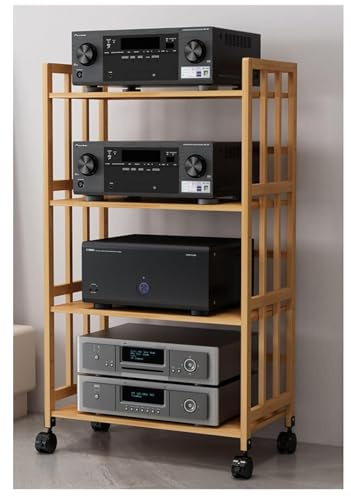 Meuble TV au sol réglable – Meuble TV universel en bois avec étagères à 4 niveaux, support pour lecteur DVD et support de plateau tournant mobile – Meuble TV élégant pour salon et chambre à coucher