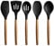 Miusco Non-Stick Cooking Utensils, Silicone Kitchen Utensils Set with Natural Acacia Hard Wood Handle, 5 Piece, Black, BPA Free, Baking & Serving Wooden Cooking Spoon