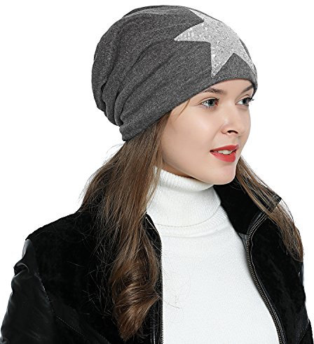 DonDon Mütze Damen Wintermütze Slouch Beanie gefüttert mit silbernen Stern Pailletten grau