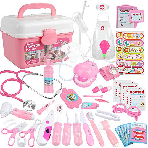 Anpro 46 PCS Doctors Set for Kids, Medical Toy with Real Stethoscope,Doctor Suit,Medicine Chest, Children Doctor Roleplay Costume Dress-Up, Halloween, Christmas,Birthday Gift