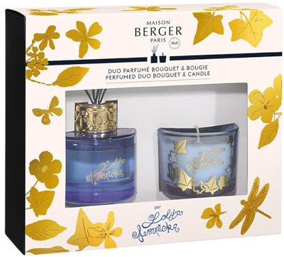 Maison Berger - Duo Mini Bouquet Parfumé & Bougie Lolita Lempicka Parme - Bouquet Pré-Rempli - Bougie en Cire Naturelle 100% Végétale - Coffret Cadeau