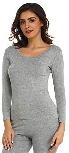 Mcilia Women's Ultrathin Modal Round Neck Long Sleeve Thermal Top/Shirt Grey Medium (UK Size 12 14)