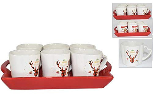 Tazzine da caffè con Vassoio in Ceramica Idea Regalo per Natale decori Natalizi Renne Set 6 Tazze cm 9