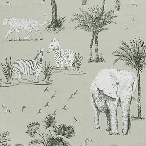 Arthouse Hand Drawn Safari Animals & Palm Trees Lagoon Grey Metallic Effect Wallpaper - Freshness to Maximise Light - Living Spaces & Feature Walls - Bedroom - Dining - Hallway - Living Areas 908902