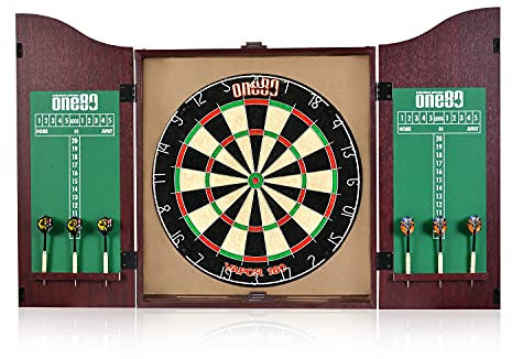 ONE80 All-in-One Dartgame Center mit selbstheilendem Sisal/doppelseitiger Dartscheibe & Multifunktionsschrank, 6 Steeltip Darts und Montageset enthalten (Vapro Bristle Board Cabinet Set) rot