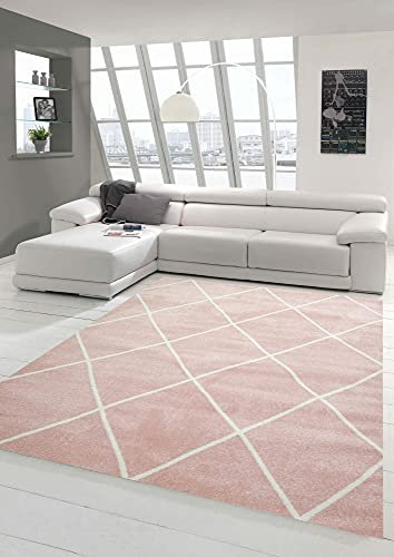Teppich-Traum Skandinavischer Flurläufer im nordischen Stil Rautenmuster - pflegeleicht - rosa Creme weiß Größe 80 x 300 cm