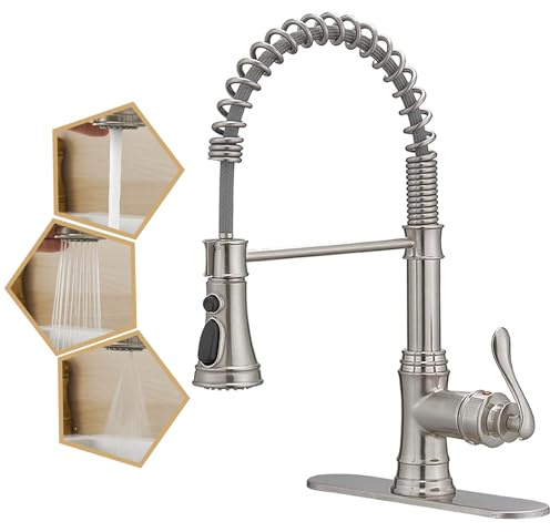 BATHLAVISH Pull Down Kitchen Faucet with Sprayer Brushed Nickel Bar Sink Farmhouse Single Handle 3-Mode Outlet Solid Brass Brush Pull Out Mixer Tap Commercial with 10-inch Hole Cover Plate Lead-Free