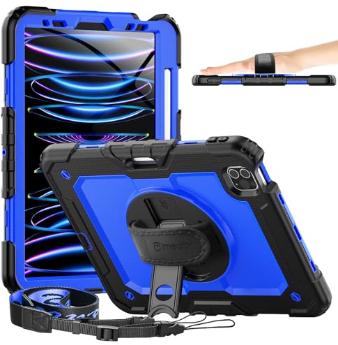 Timecity Case for iPad Pro 11 inch 2022/2021 (4th/ 3rd Generation), Shockproof Case with Screen Protector, Swivel Stand, Handle, Shoulder Strap, Pencil Holder Case for iPad Pro 12 Inch-Dunkelblau