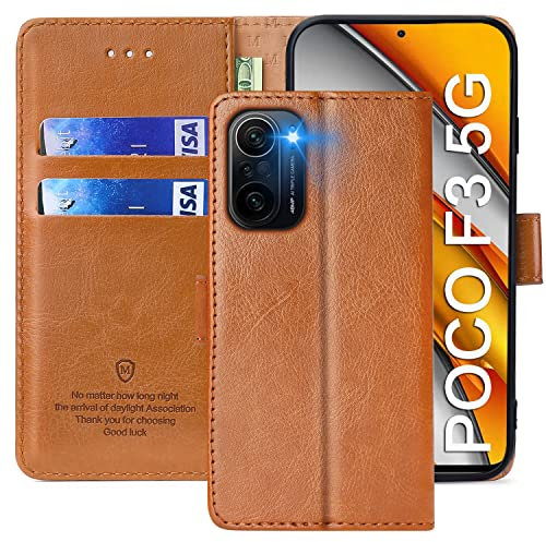 FMPCUON Hülle für Xiaomi Poco F3 Handyhülle [Standfunktion] [Kartenfach] [Magnetverschluss] Tasche Flip Case Schutzhülle lederhülle klapphülle für Xiaomi Poco F3 Braun