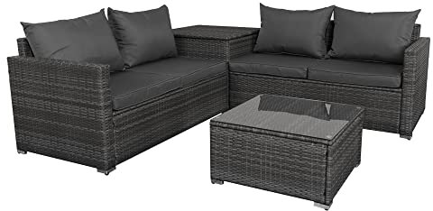 Panana 4 Seater Rattan Furniture Set Lounge Corner Sofa Set with Storage Cabinet, Coffee Table, Furniture Cover for Garden Patio Outdoor (Grey Wicker with Grey Cushions)
