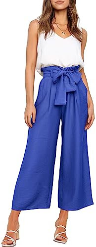 FANCYINN Damen 2 teiliges Crop Pants Set mit weitem Bein Wide Strap V-Ausschnitt Tank High Waist Cropped Paper Bag Hose mit Gürtel Königsblaue Hose & weißes Top L