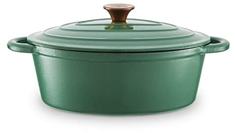 Barbary & Oak BO800252GRN Oval Cast Iron Casserole Dish with Durable Enamel Interior, 29cm, Verdigris Green