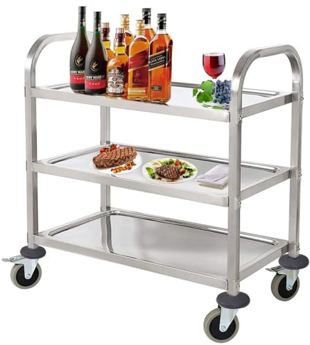 HLC 3 Tier Stainless Steel Serving Kitchen Trolley on wheels Catering Trolley Storage Cart Hostess Tea Drinks Food Trolley with Locking Wheels for Kitchen Hotels - 72x40x82CM