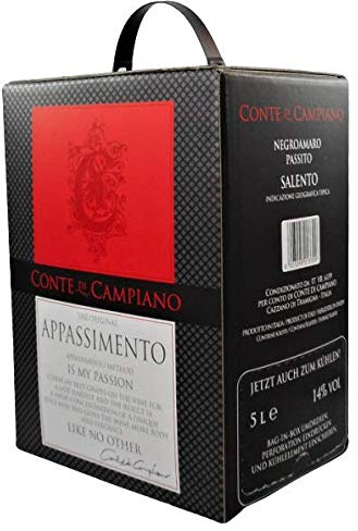 Negroamaro Appassimento IGT Sonderedition 2021 Bag-in-Box 5l von Conte di Campiano, trockener Rotwein aus Apulien