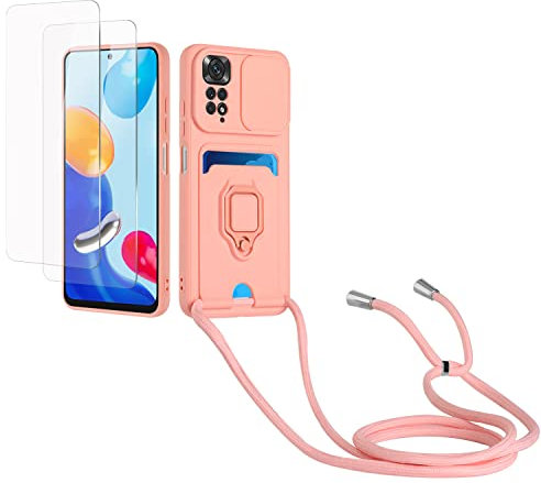 Kaslly Funda con Cuerda para Redmi Note 11 4G/Note 11S(6.43'')+[2 Pack Protector Pantalla],Case con Ranura para Tarjetas,Cubierta de Cámara Deslizante Proteger,Doble Cara Protección-Rosa
