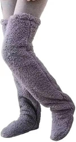 NICEYEA Damen Winter Warm Kniehohe Socken Dicke Plüsch Slipper Strümpfe Pelzige Extra Lange Beinstulpen Ärmel Oberschenkelhoch Stiefel Schlafsocken, grau, One size