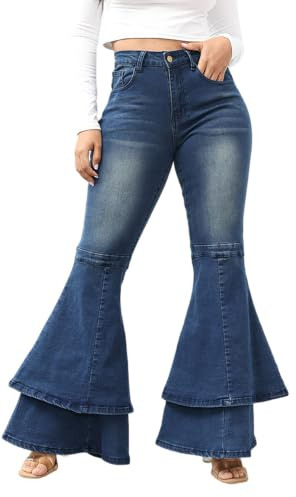 ThusFar Bell Bottom Jeans High Waisted Pleated Layered Ruffle Hem Flared Wide Leg Denim Pants 70s Outfits for Women