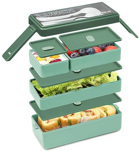 Bugucat Lunch Box 1450 ML, Double Stackable Bento Box Container Meal Prep Containe With Cutlery, 3 Tier and 4 Compartment Design Food Containers for Lunch Snacks,Lunch Box for Adults and kids BPA-Free