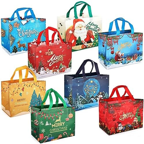8 × Weihnachtsgeschenktüten,Weihnachts-Tragetaschen mit Griffen, Weihnachts-Leckerei-Taschen, Multifunktions-Weihnachts-Vliestüten zum Einpacken von Geschenken, Einkaufen, Weihnachts-Partyzubehör