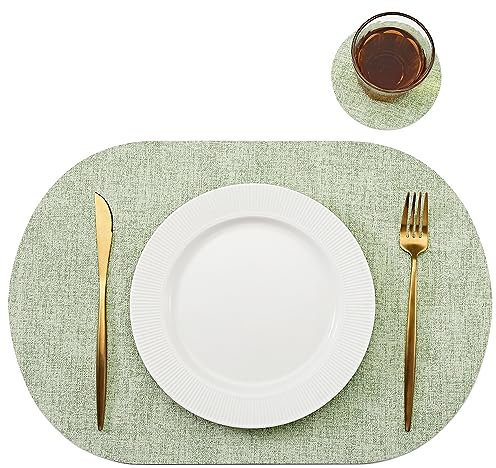 Ovale Tischsets, 6 Stück, Kunstleder, hitzebeständig und wasserdicht (grün)