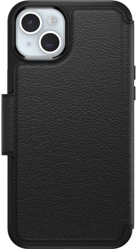 OtterBox Strada Case for iPhone 15 Plus for MagSafe, Shockproof, Drop proof, Premium Leather Protective Folio with Two Card Holders, 3x Tested to Military Standard, Black, No Retail Packaging