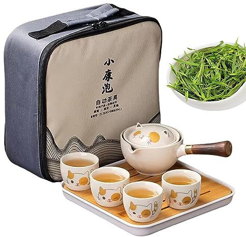 Decorhome Chinesisches Tee-Set, 160 ml, tragbares Teekannen-Set mit 360 Grad drehbarem Teebereiter und Teesieb, magische Katze, Keramik, tragbares Reise-Teeset mit Holzgriff, hitzebeständiges Tee-Set