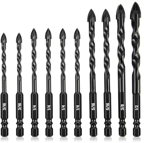 KENDO 10PCS Cement Drill Bit Set, 3/16-1/2 Masonry Drill Bits Set, Industrial Strength Carbide Cross Drill Bit Tip, Professional Concrete Drill Bit Set for Cement, Glass,Brick, Tile, Wood Etc