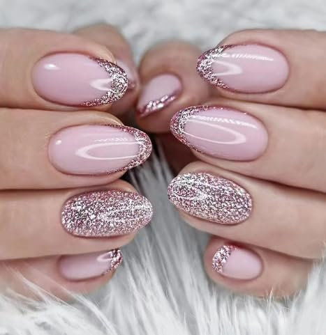 24PCS Short False Nails Almond, French Tip, 24PCS Pink Glitter Glossy Press on Nails Tips with Glue, Shiny Full Cover Reusable Stick on Nails for Women & Girls