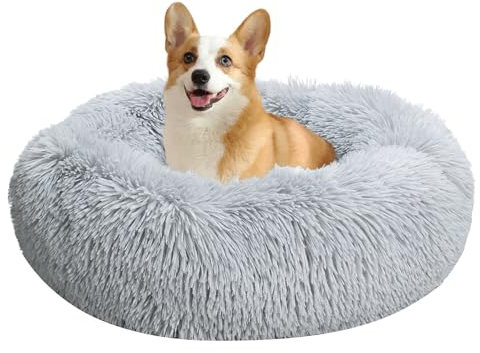 Baguuaray Hundebett Katzenbett 60cm Haustierbett Flauschig Plüsch Hundebett Rund Weiches Flauschiges rutschfest Katzenkissen Waschbar Haustierbett (Hellgrau)