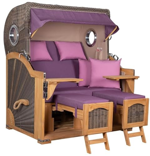 MR. DEKO® Strandkorb Düne Grande XL 2,5-Sitzer Teak | PE Geflecht Grey - Dessin 589 | Volllieger Strandstuhl mit Bullauge inkl. 2 Fußablagen | je 2 Kissen und Nackenkissen | Strandkörbe aus Teakholz
