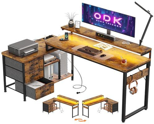 ODK Scrivania Angolare con Cassetti, Scrivania Gaming a L con LED e Porta USB e Presa di Corrente, Scrivania per Ufficio con Ripiano, Scrivania ad Angolo per Computer (Marrone, 174x100cm)