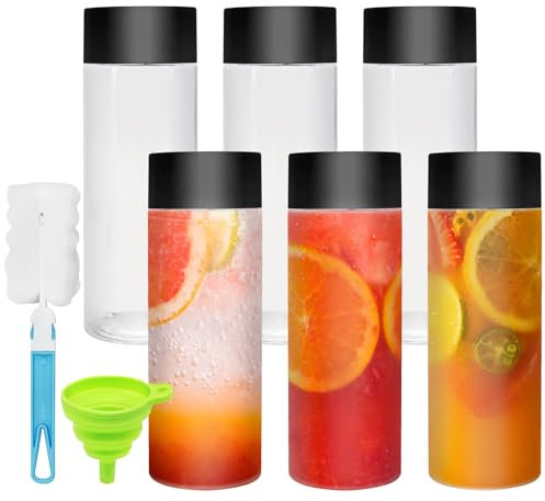 LONTOM 6 PCS 300 ml/10Oz Plastic Juice Bottles, Reusable Smoothie Bottles with Lids, Empty Bottles with Funnel & Brush,Clear PET Plastic Sensory Bottles for Juice Milk Homemade Beverages
