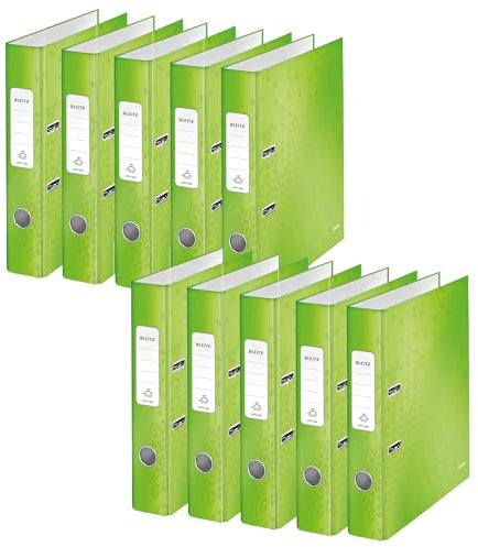 Leitz Qualitäts-Ordner 180°, 10er Pack, A4, schmal, 5,2 cm Rückenbreite, laminierte Graupappe, Grün, WOW Serie, 10060054