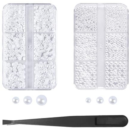 2 Sets of Nail Accessories and 1 Piece of Tweezers, Manicure Accessories, Flat Back Pearls, Nail Pearls, Pearls for Nails, 2mm/3mm/4mm (White)