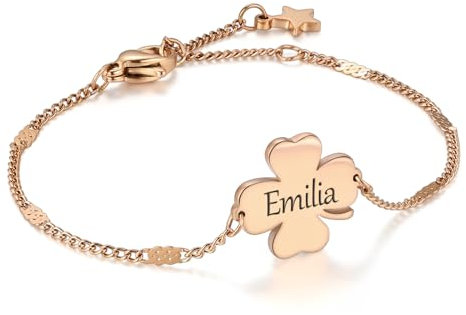 TMT Personalisiertes Armband Kleeblatt; Geschenk für Damen Mädchen mit Gravur; Glücksarmband Glücksbringer; Schulanfang Prüfung Abschiedsgeschenk Neujahrsglücksbringer Abitur Glück; gold silber
