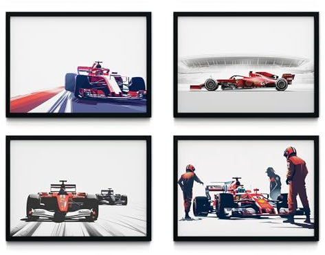 MJ-GRAPHICS® Ferrari Rot Autos Poster Set, Formel 1 Deko, 4xA4 Rennstrecke F1 Bilder, Kinderzimmer Junge Deko, Büro Bilder, Gaming Zimmer Poster Ohne Rahmen