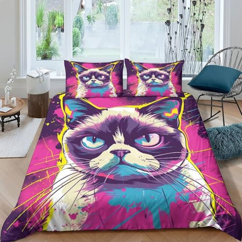 PPSOAP Grumpy Cat 3D Gedruckt Bettwäsche 3 Teilig Bettbezug Set Mit Kissenbezügen Soft Microfaser Luxus Modern Mit Reißverschluss Für Erwachsene Und Kinder Double(200x200cm)