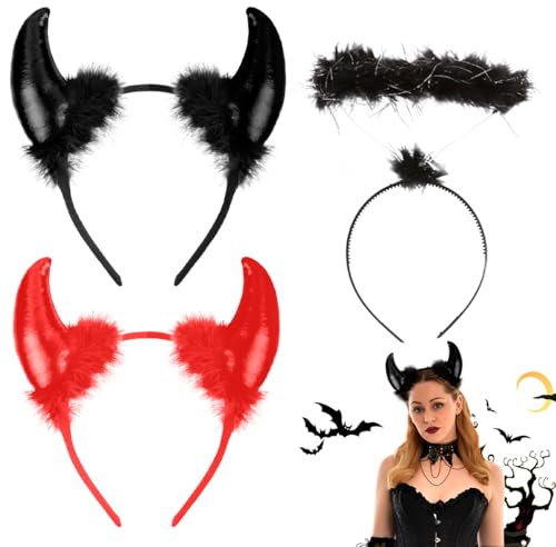LGZIN 3 Pièces Oreilles Diable Bandeau avec Noire Bandeaux Ange Halo, Serre Tete Halloween Femme Diable, Demon Bandeaux, Bandeau de Corne Démon pour Halloween Carnaval Cosplay Costume Fête
