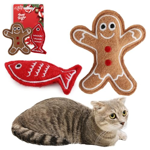 ALL FOR PAWS Weihnachts-Katzenspielzeug, Lebkuchenmann und Fisch, Knistergeräusch, Katzenminze, Plüschstoff, PP-Baumwolle