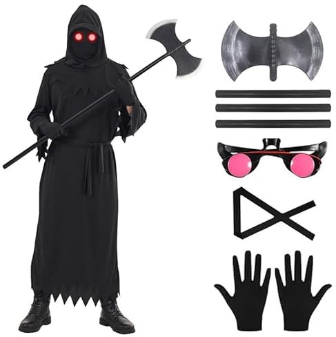 ELINA Déguisement Faucheuse pour Adulte Enfant,Costume de Cosplay de Carnaval d'Halloween de Faucheuse avec Hache de la Mort,Gants,Des Lunettes Lumineuses et un Masque