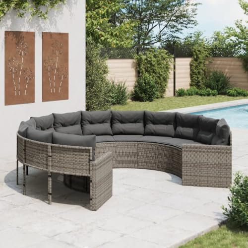 Homgoday Gartensofa mit Kissen rund grau aus Polyrattan, Sofa für den Außenbereich für den Garten, Bett, Sofa, Sofa für Terrasse und Außenbereich, Modell 3318532