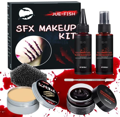 Kunstblut Halloween Schminke Set - Fake Blood 50ml Blutspray + 50ml Tropfendes Blut + 30g Blutcreme + 30g Narbenwachs für Vampir Zombie Wunden Wundschorf Narben Make Up