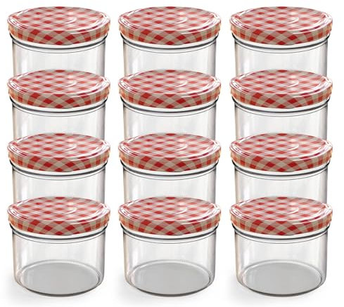 Oputec Lot de 12 bocaux de 230 ml avec couvercle à visser rouge à carreaux – Parfait pour les confitures, les confitures et plus encore, petits bocaux avec couvercle, idéal comme mini pots à confiture