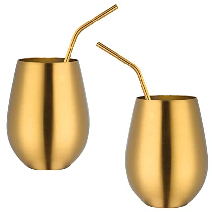 TEAHAHA 17 oz Stainless Steel Stemless Wine Glass Set of 2 with Straw,Outdoor Portable Wine Tumbler for The Pool, Camping,Cookouts, Unbreakable, Shatterproof Metal Drinking Tumblers (Gold)