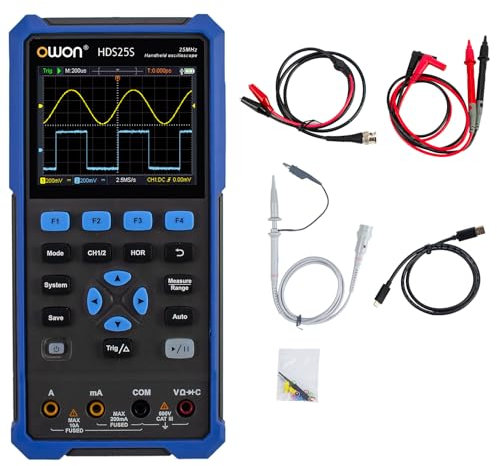 OWON HDS25S 3 in1 Hand Digitaloszilloskop, 25 MHz Bandbreite, 2 Kanal Digitaloszilloskop mit 1 Kanal Wellenformgenerator, 20000 Zähl Multimeter, mit USB Typ C und 3,5 Zoll LCD Display