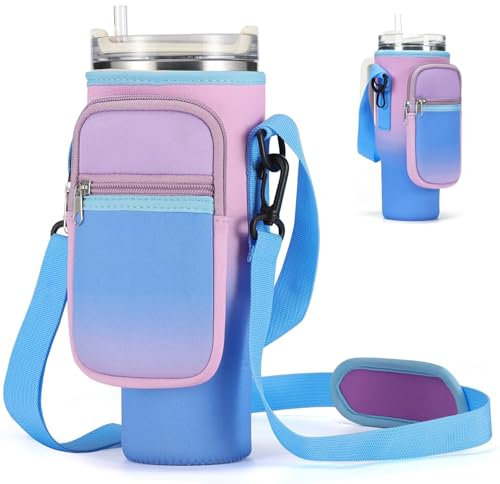 Water Bottle Carrier Bag with Phone Pocket for Stanley Cup 40oz, Insulated Neoprene Water Bottle Holder with Phone Pocket & Adjustable Shoulder & Handheld Strap (Purple Blue)