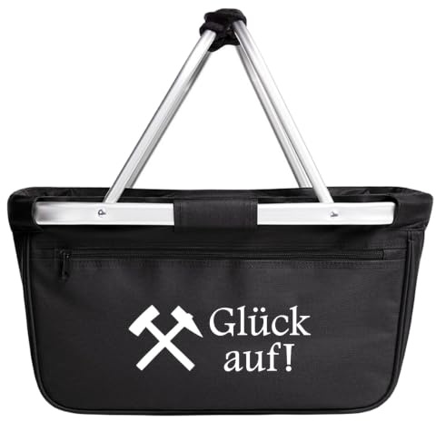 Huuraa Einkaufskorb Glück auf Ruhrpott, Black, faltbar, 20 Liter | Faltbarer Tragekorb mit Alurahmen als Geschenk für Bergbaufans.